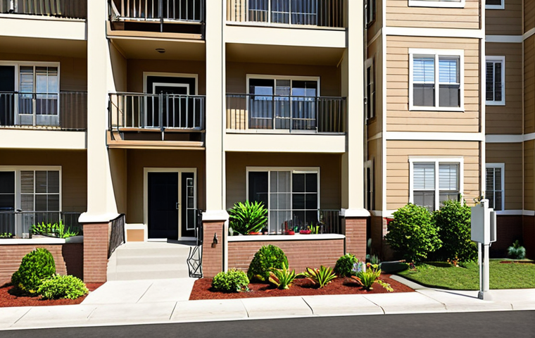 **

"A visually appealing apartment building exterior in a sunny, safe neighborhood. Families and individuals are happily entering and exiting. Emphasize cleanliness, well-maintained landscaping, and security features (like visible security cameras)."

**