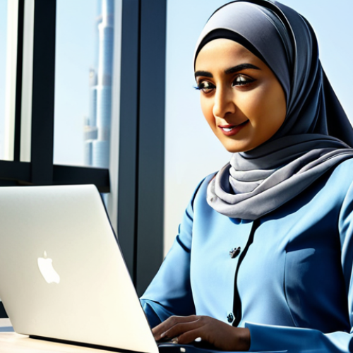 Home 27 **
"A professional businesswoman in a modest, stylish hijab and business attire, working on a laptop in a modern, bright office in Dubai, UAE. Background shows the Burj Khalifa subtly. Fully clothed, appropriate content, safe for work, perfect anatomy, natural proportions, professional, family-friendly, high quality, detailed textures, 8k resolution."
**