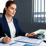 **

A professional female real estate manager in a modern office setting, fully clothed in modest business attire, reviewing financial reports on a computer screen, with a calculator and documents on her desk, ensuring budget adherence and cost-effectiveness, safe for work, appropriate content, perfect anatomy, natural proportions, professional, high quality.

**