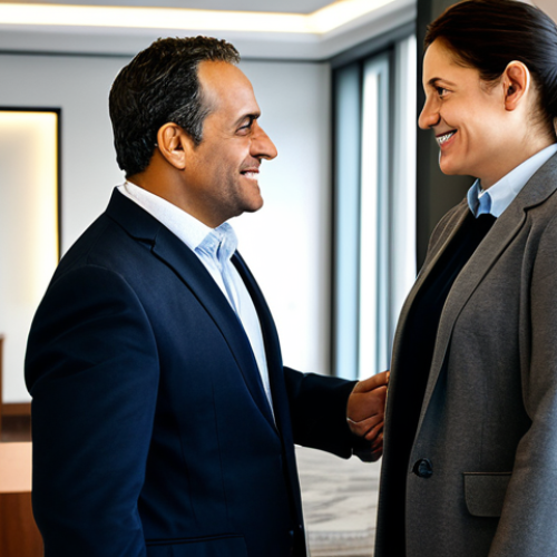 Home 25 Effective Communication**
A professional manager in a modest business attire, engaging in a friendly conversation with a fully clothed tenant in an apartment lobby, safe for work, appropriate content, perfect anatomy, natural proportions, professional environment.
**