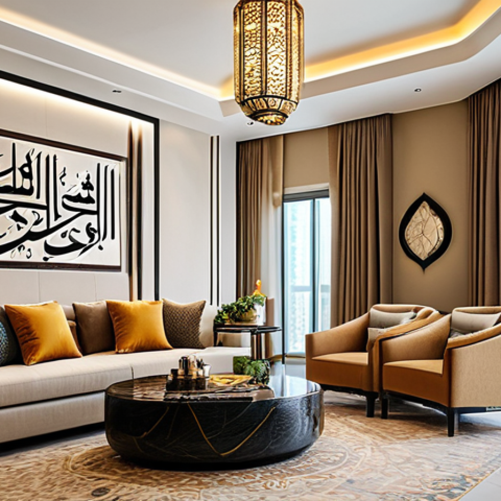 **

"A modern apartment interior in Dubai, showcasing elegant Arabic calligraphy art on the wall, comfortable furniture, natural light, fully clothed models enjoying tea, warm color palette, safe for work, appropriate content, professional interior design photography, high resolution."

**