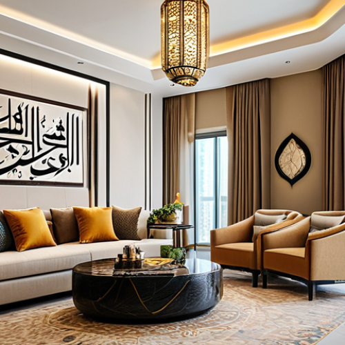 Home 14 **
"A modern apartment interior in Dubai, showcasing elegant Arabic calligraphy art on the wall, comfortable furniture, natural light, fully clothed models enjoying tea, warm color palette, safe for work, appropriate content, professional interior design photography, high resolution."
**