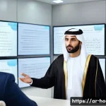 Home 21 주택관리사 면접에서 자주 묻는 질문 - A modern Middle Eastern real estate office scene with a professional Arabic property manager attenti...