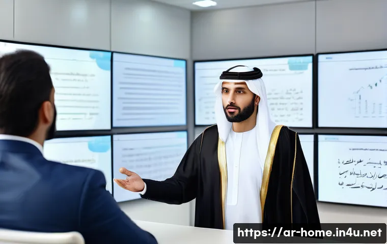 주택관리사 면접에서 자주 묻는 질문 - A modern Middle Eastern real estate office scene with a professional Arabic property manager attenti...