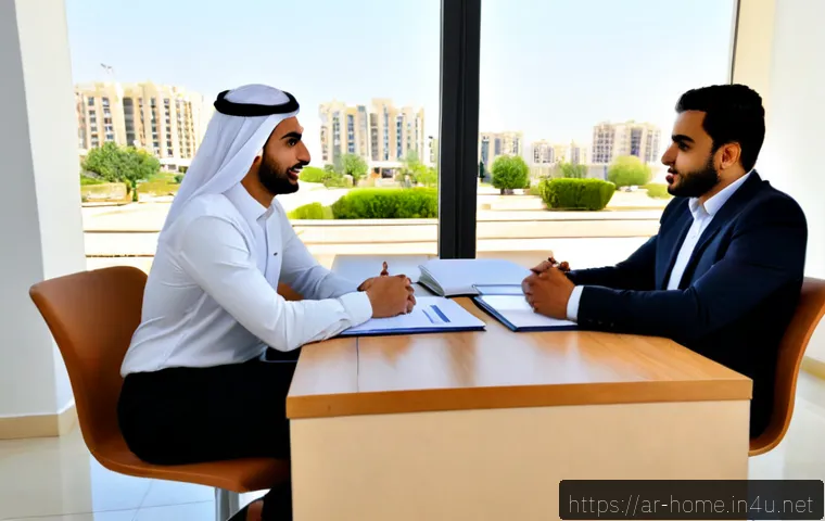 주택관리사 면접 성공 사례 - Photorealistic successful property manager interview in a modern Gulf-region residential office, con...