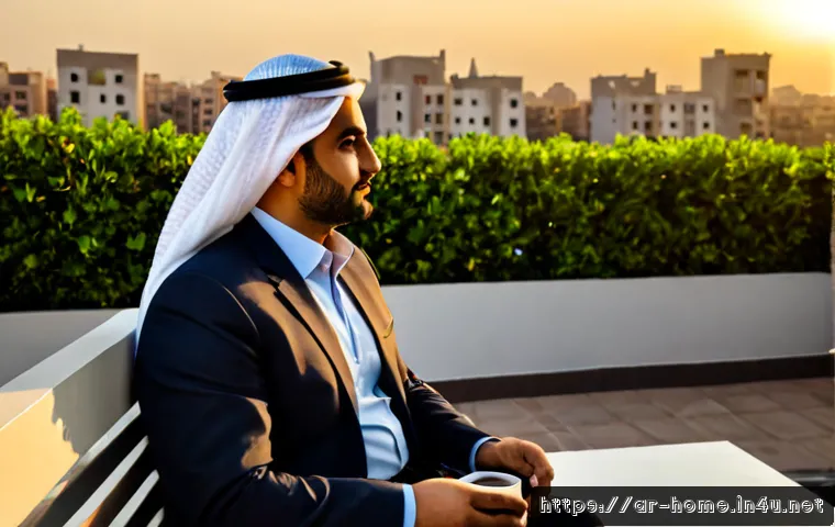 주택관리사 업무의 스트레스 해소법 - Photorealistic Arab property manager in modest professional attire relaxing on a quiet apartment bui...