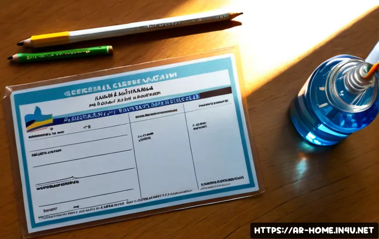 주택관리사 시험 당일 준비물 - Photorealistic flat lay of essential exam-day items neatly arranged on a clean wooden desk: blank id...
